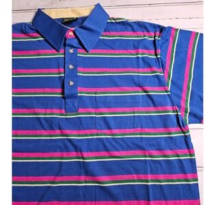 Vintage Chip Beck Striped Polo Shirt Mens XL Blue Pink Green Golf Short Sleeve
